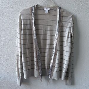 Loft Silver Gray Open Cardigan Size Large Sequins Metallic Thread Ribbed Party‎